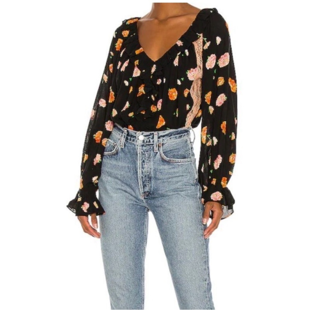Free People Peach Lace Bodysuit with Black Trim size XS